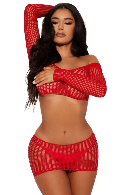 I Just Wanna Be Yours Bodystocking 2 Piece Set - Red,