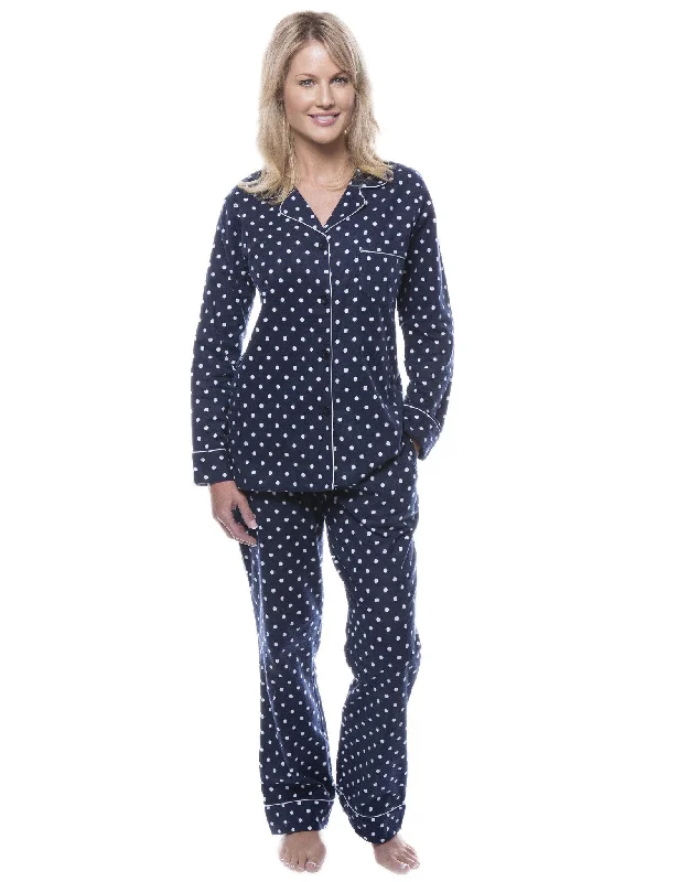 Women's 100% Cotton Flannel Pajama Sleepwear Set - Dots Diva Dark Blue/Light Blue