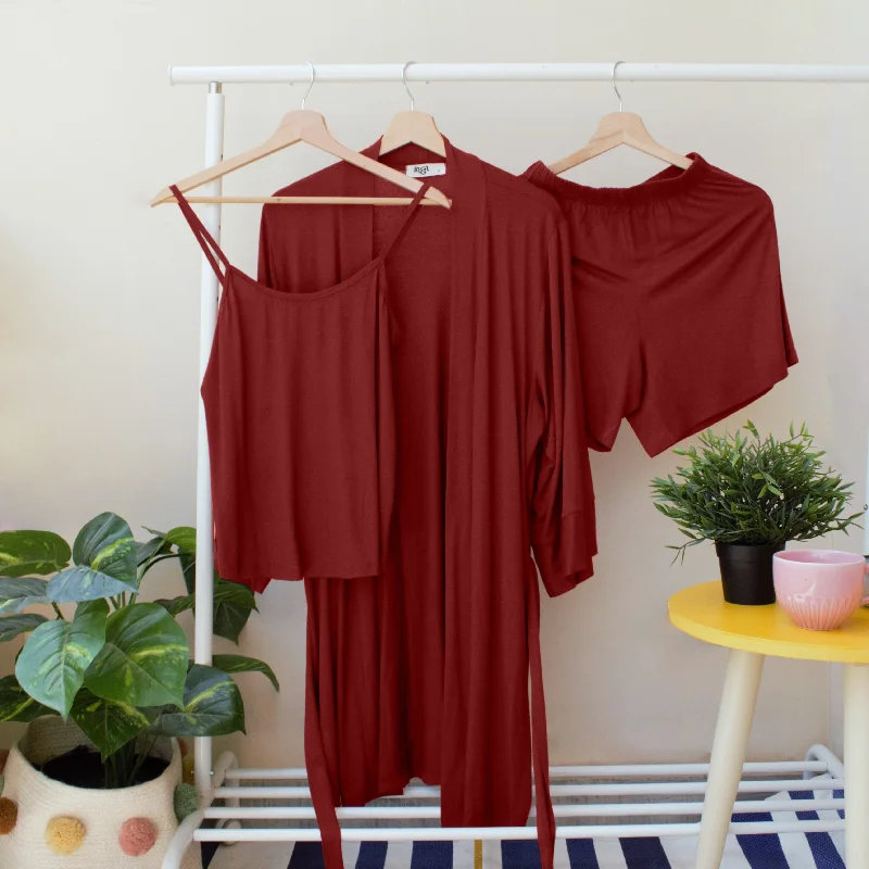 Women summer 3 piece pajama set  Dark red Top +kimono & short