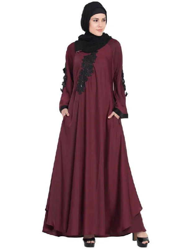 Arabic embroidered patch Umbrella Abaya  Maroon Bridal Robe Set