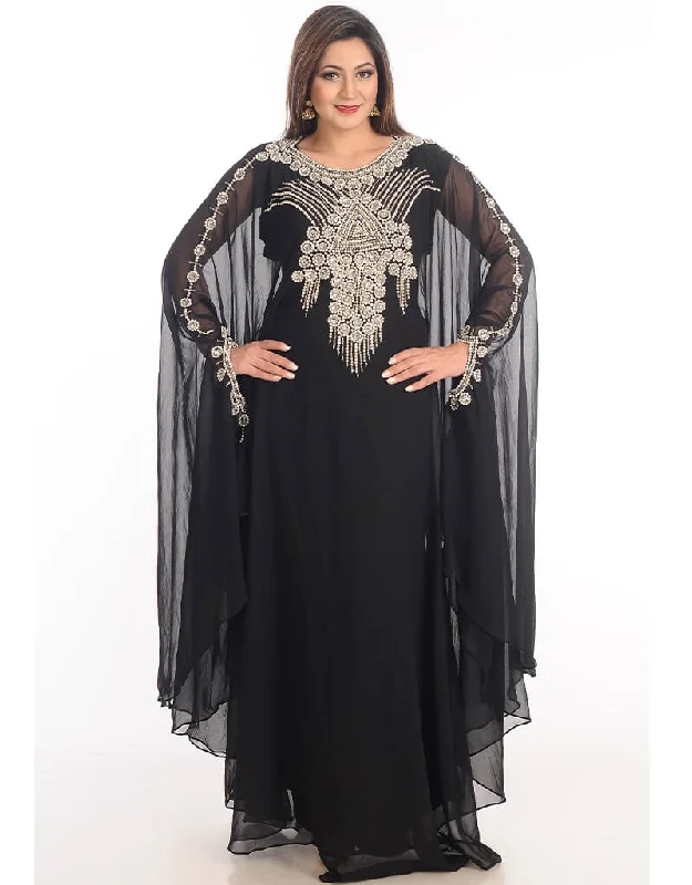 Modest Black Georgette Hand Embroidery Party Wear Kaftan Sleeveless Bridal Gown