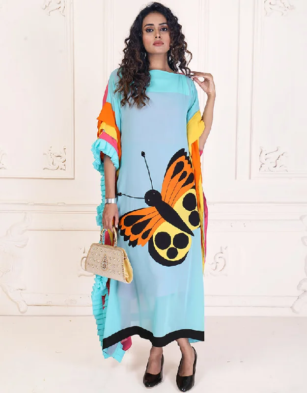 Modern Blue Angle Color Digital Printed Free Size Kaftan