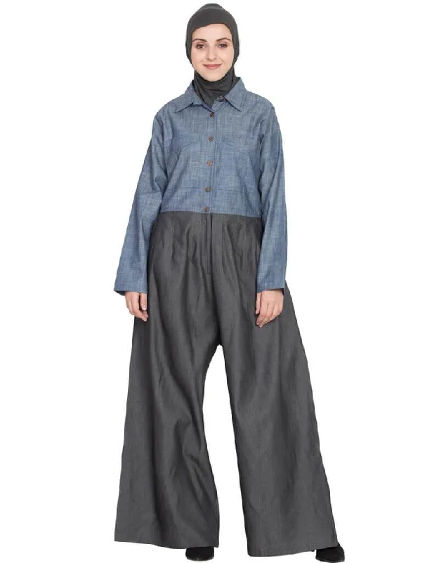 Chic Denim Pant chambray shirt front open pant Abaya Blue Cozy Evening Gown