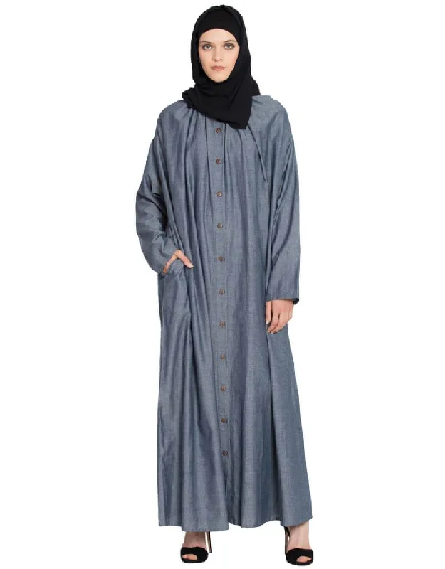 Chic Front open gather around neck Cotton Bohemian Abaya Blue