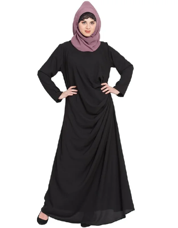 Chic Pleating at Waist Casual Abaya Black Comfy Satin Gown