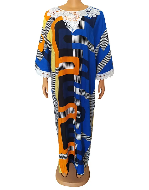 Colorful O-neck Bat Sleeve Kaftan for Women in African Print Romantic Lace Set