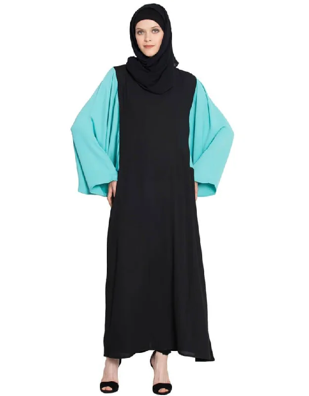 Dubai Contrast Sleeve Casual Abaya Black Soft Lace Robe