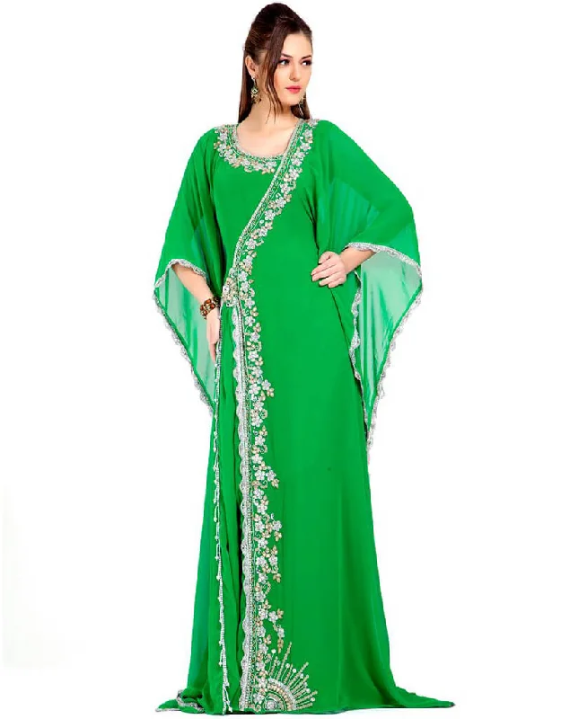 Dubai Green Georgette Hand Silver Embroidery Farasha Satin Lace Robe