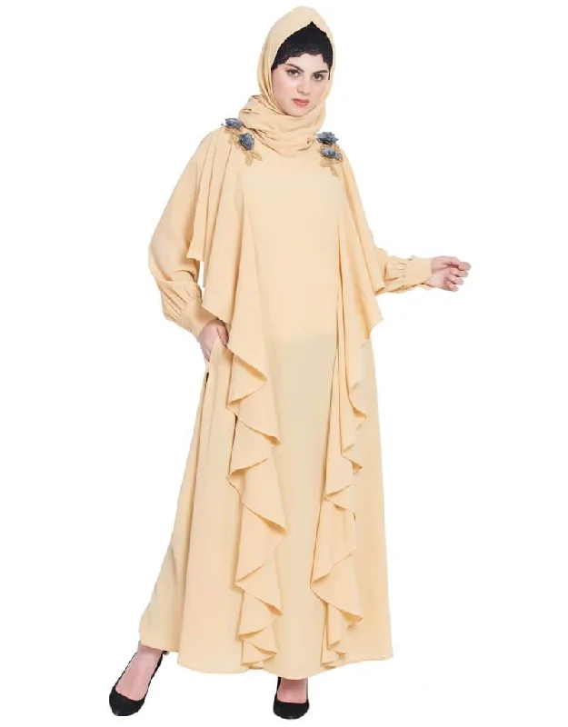 Islamic front long frill flowers party Abaya Beige Luxe Velvet Gown