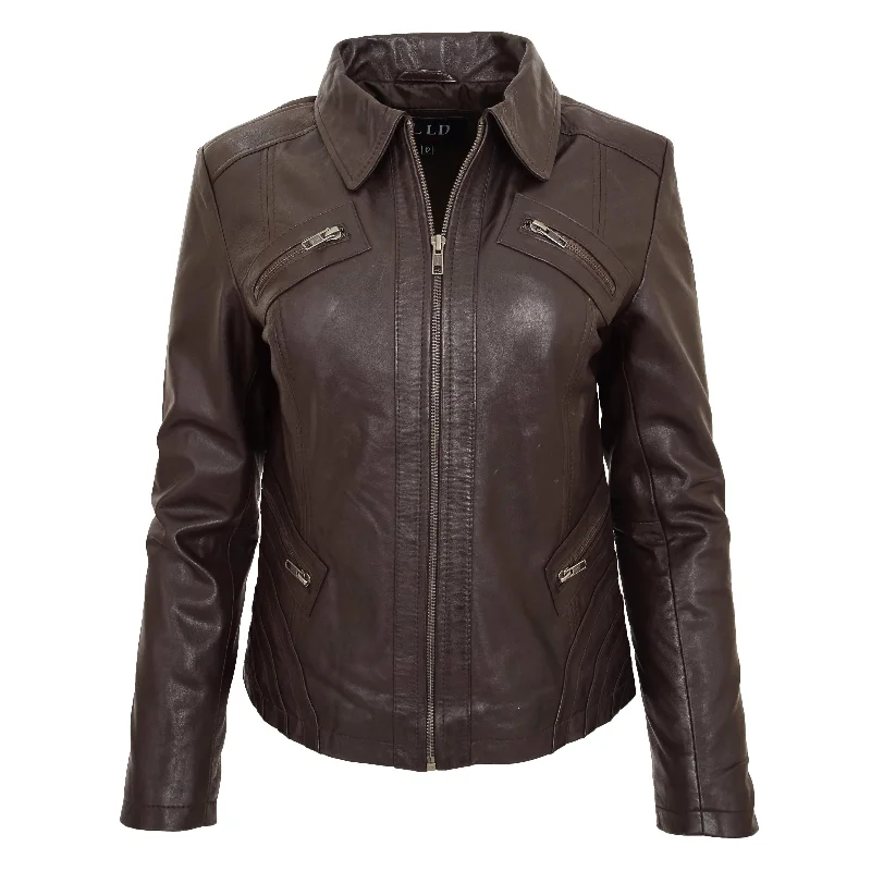 Ladies Soft Leather Jacket Fitted Collared Zip Fasten Biker Style Leah Brown Women's streetwear jackets