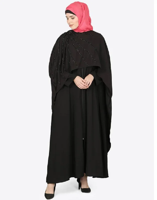 Modern Separate Cape Beaded Abaya Black Spa Luxury Robe