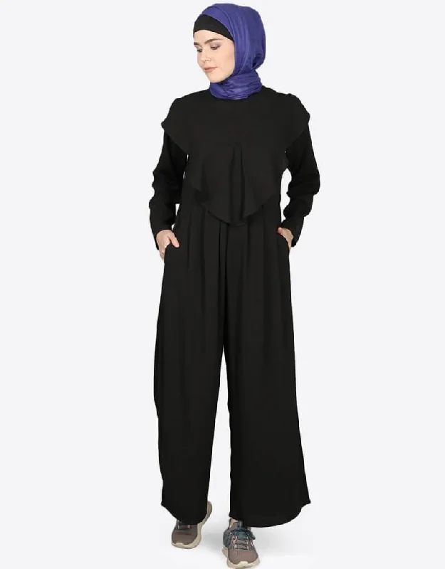 Modest Frill at front Pant Abaya Black Luxurious Bridal Gown