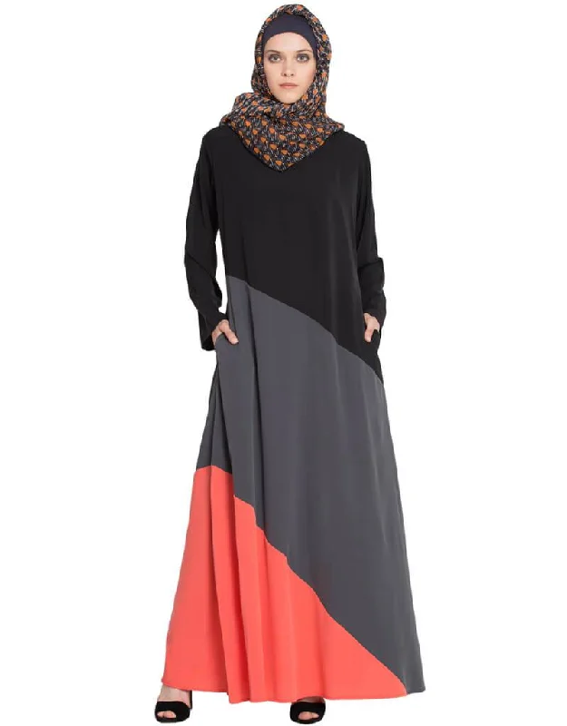 Modest Tricolor Asymmetrical panels Abaya Black Warm Robe Gown
