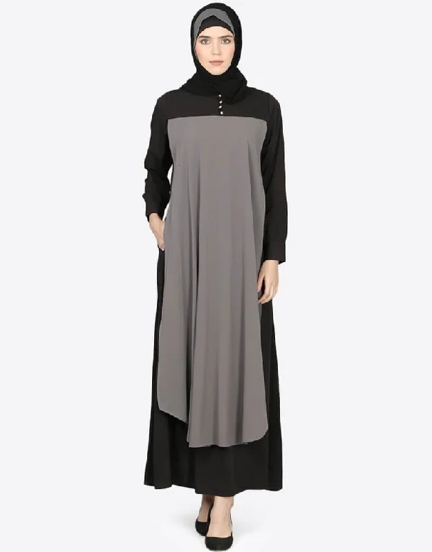 Muslim extra Layer  at front Casual Abaya Grey Bridal Satin Gown
