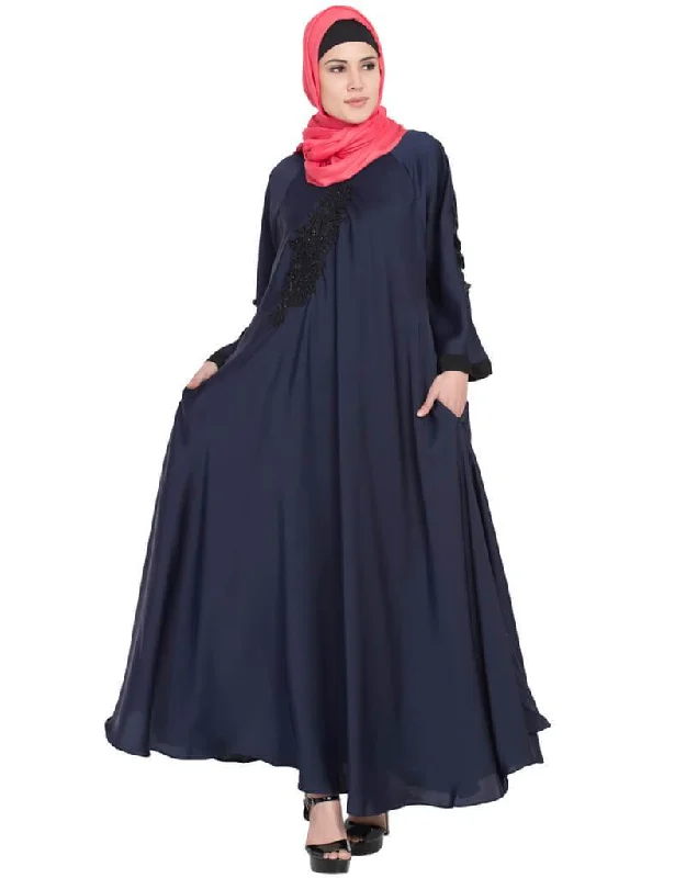 Muslimah Embroidered Patch Umbrella Navy Abaya  Blue Comfy Night Gown