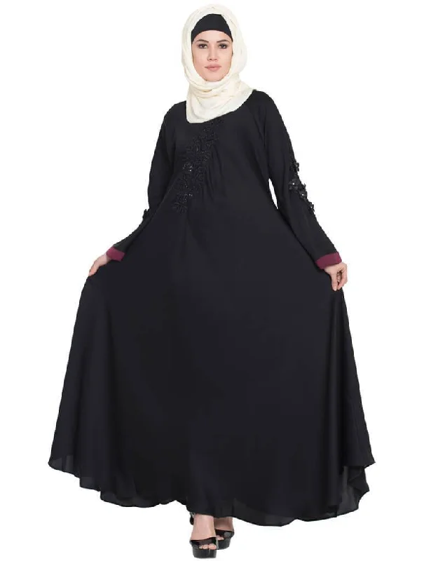 Trendy Embroidered Patch Umbrella Black Abaya  Black Silk Satin Gown