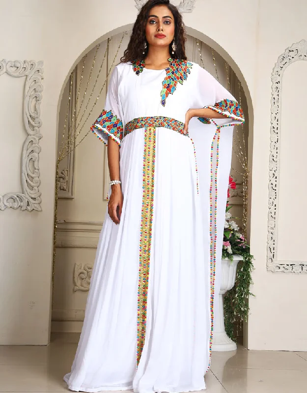 Muslimah White Georgette Stones Embroidery Farasha