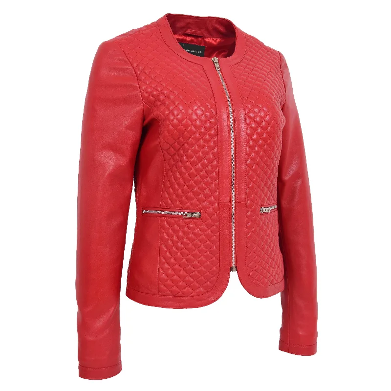 Women Collarless Red Leather Jacket Fitted Quilted Zip Up - Remi Women's oversized jackets