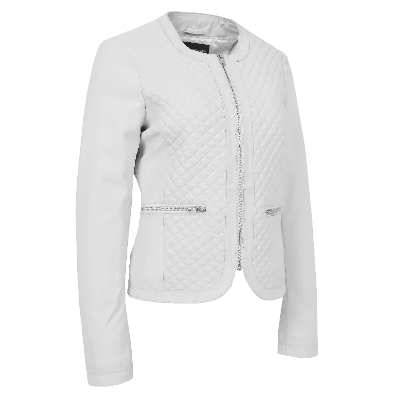 Women Collarless White Leather Jacket Fitted Quilted Zip Up - Remi Women's North Face jackets