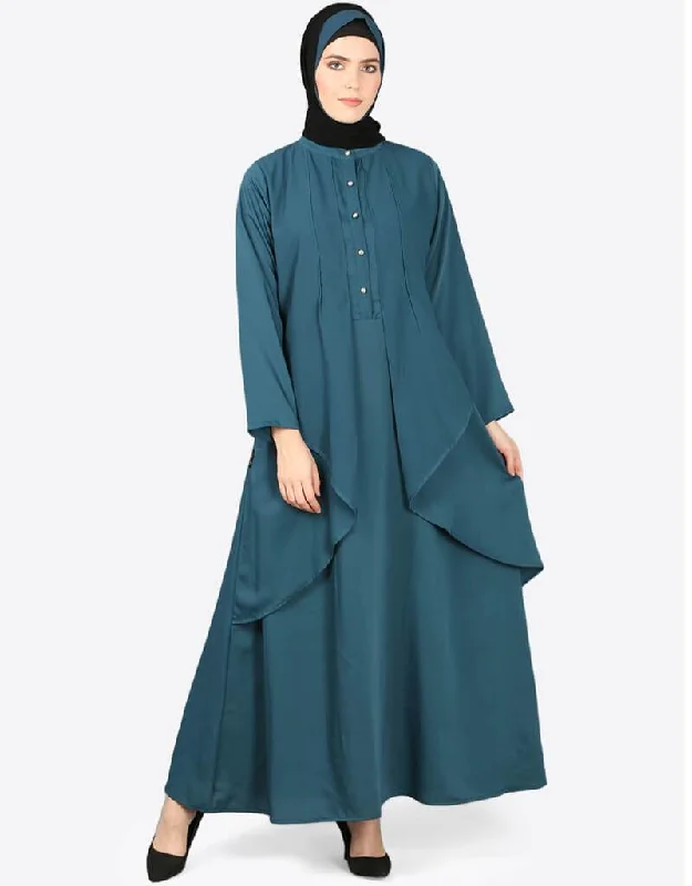 Women reverse panel front open Abaya Teal Long Satin Robe