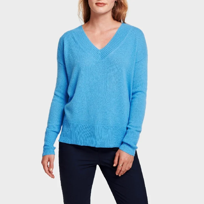 Cashmere Wide Rib V-Neck (Blue Agate) Budget-friendly sweaters