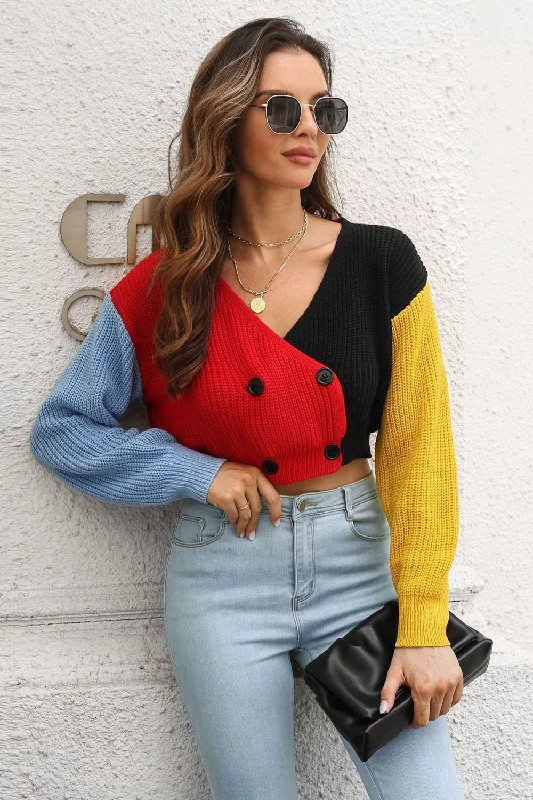 Cropped Contrast Color V- Neck Buttoned Cardigan Expensive sweaters