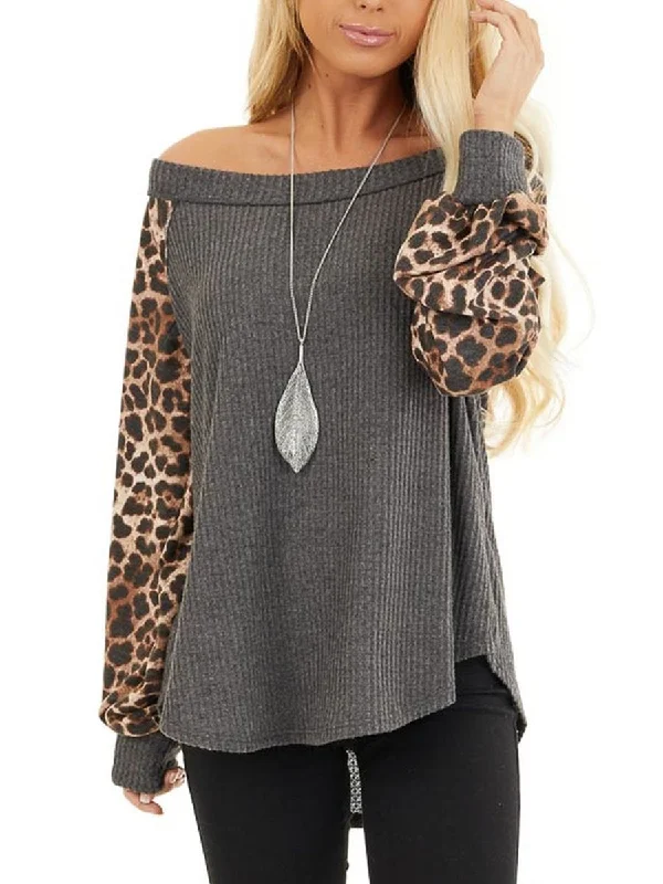 Leopard Print Long Sleeve Charcoal Waffle Knitted Top