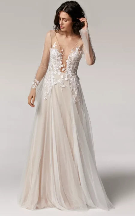 Flowy Ethereal Tulle Illusion A-line Wedding Dress with Applique