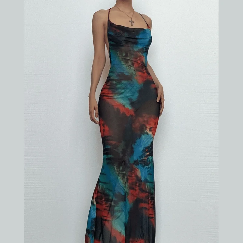 Cowl neck halter contrast backless maxi dress