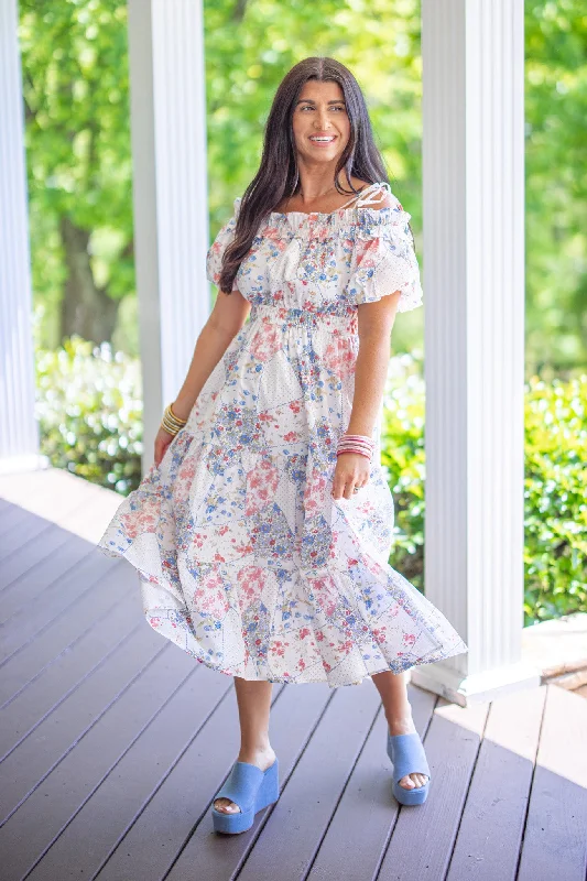 Floral Patchwork Ivory Midi Dress Satin midi dresses
