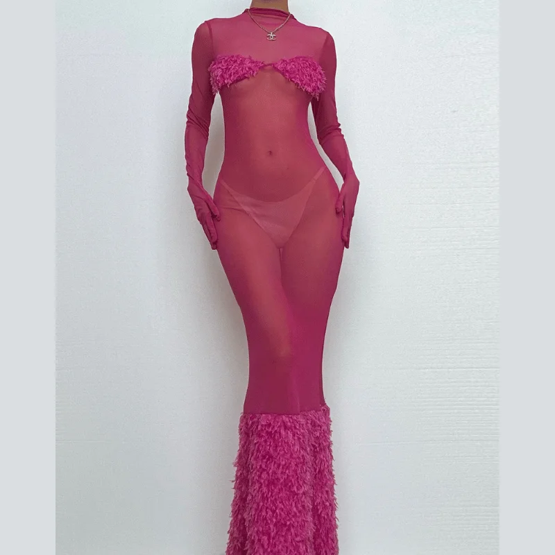 Long sleeve gloves high neck feather mesh see through maxi dress