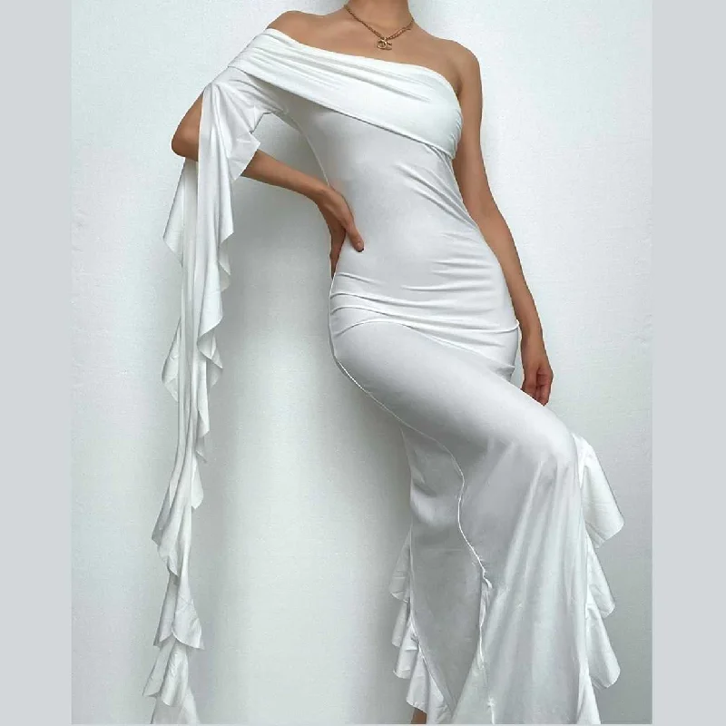 Ruffle solid one shoulder irregular backless maxi dress