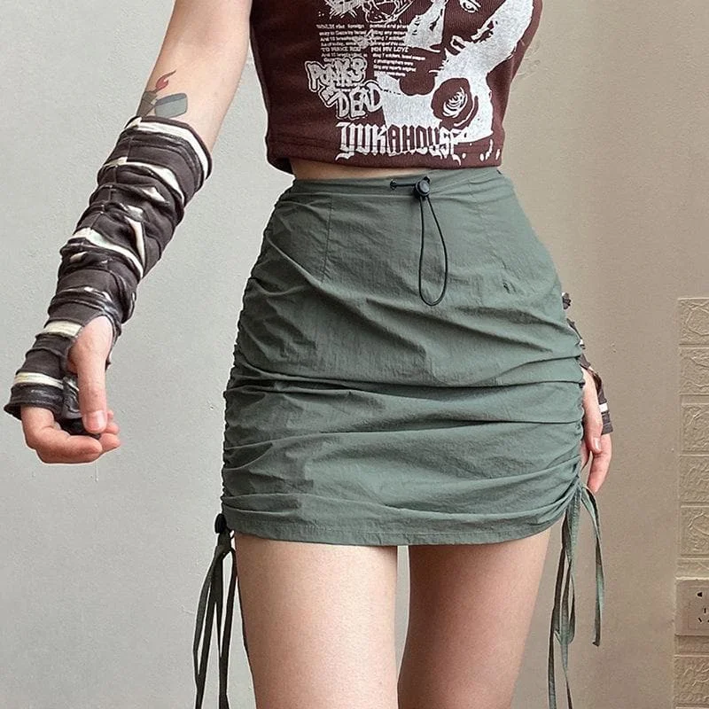 A line drawstring ruched solid zip-up mini skirt High-waist Skirt Trend
