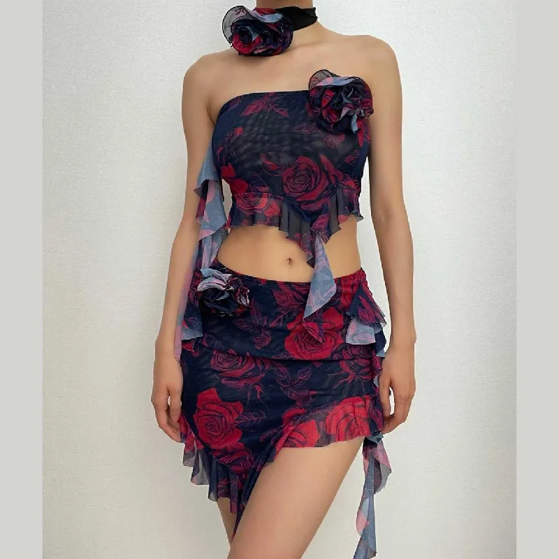 Sheer mesh see through ruffle flower applique contrast print tube mini skirt set Mini Skirt Fashion