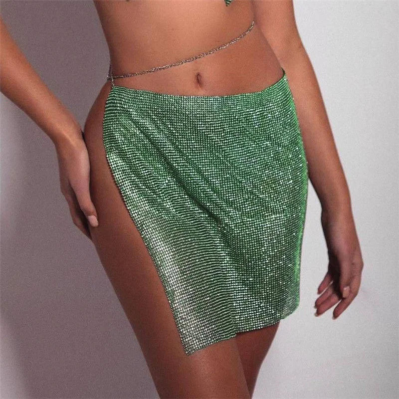 SHIHAN 2023 Shiny Full Rhinestones Mini Skirts Silver Crystal Diamonds Patchwork Sexy Women Club Rave Festival Slim Skirt