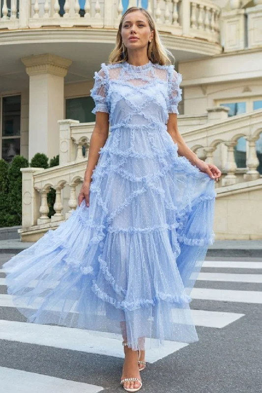 Fairytale Mock Neck Sleeved Dotted Tulle Tiered Ruffle Maxi Gown Dress - Blue Wedding guest party dresses