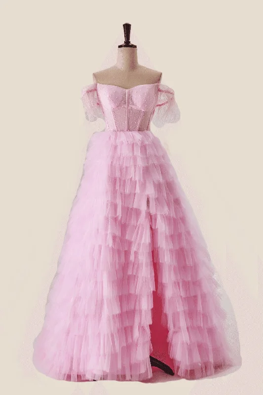 Off the Shoulder Pink Corset Tiered Ruffle Formal Gown