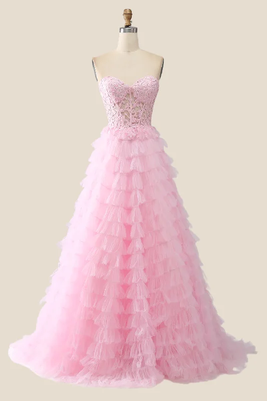Pink Sweetheart Lace and Tulle Tiered Gown PrettyLittleThing party dresses