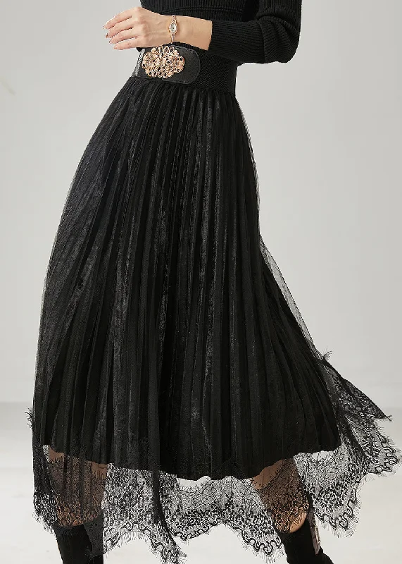 Black Patchwork Silk Velvet Pleated Skirts Exra Large Hem Spring Y2K unclassified skirts