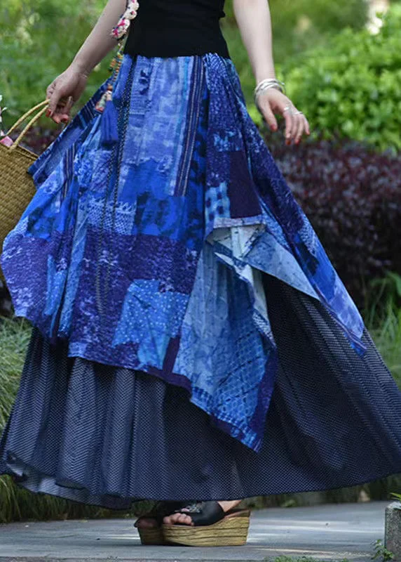 Original Design Blue Asymmetrical Patchwork Elastic Waist Cotton Skirts Spring Boho unclassified skirts