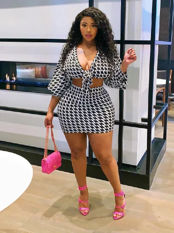 Sexy Houndstooth Two Piece Skirt Sets Club unclassified skirts