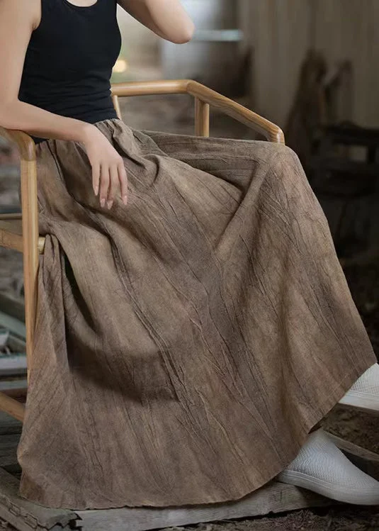 Vintage Tea Brown Tie Dye Elastic Waist Exra Large Hem Linen Skirts Summer Pastel unclassified skirts
