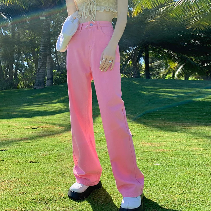 NiDELL Bright Straight Jeans Women's Loose Slimming High Waist Chic Hong Kong Style Wide Leg Pink Versatile Mop Pants Tide