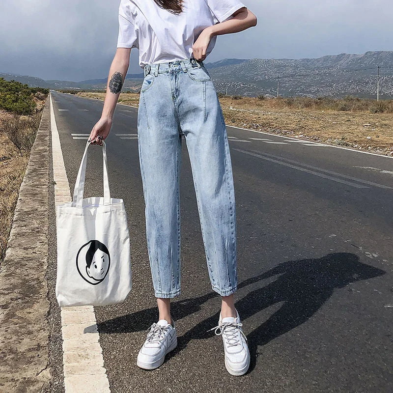 NiDELL Elastic Waist Loose Jeans Women's High Waist . Spring and Autumn New Casual Slimming Versatile Ankle-Length Dad Harem Pants