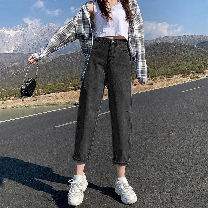 NiDELL Harem Ripped Jeans for Women . New Versatile Internet Celebrity High Waist Slimming Thin Loose Wide Leg Daddy Pants