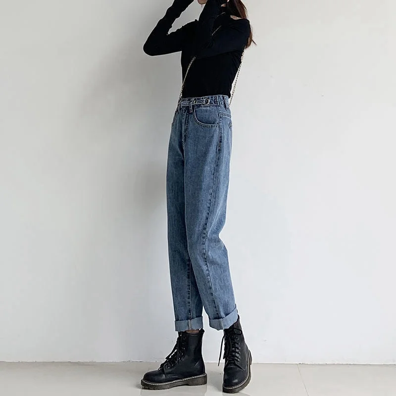NiDELL High Waist Slimming Daddy Jeans Women's New Autumn 2020 Straight Ankle-Length Ankle-Tied Harem Pants Chic Fashion