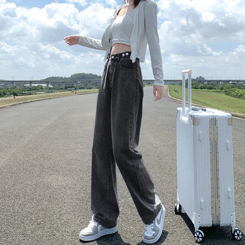 NiDELL High Waist Wide Leg Jeans for Women . Autumn New Korean Style Loose Slimming Vibe Style Student Straight Pants Women