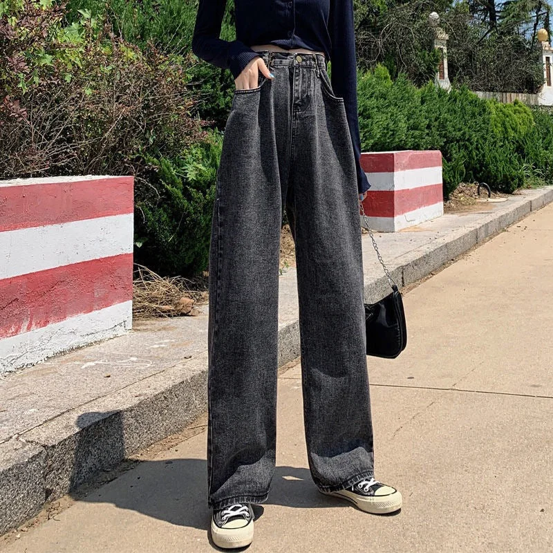 NiDELL Xuan Ya Wide Leg Jeans for Women High Waist Drooping Slimming . Autumn New Loose All-Matching Straight Mop Pants