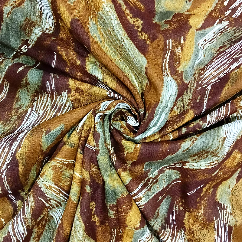 Brown & Golden Abstract Rayon Foil Print Fabric Luxury floral dresses