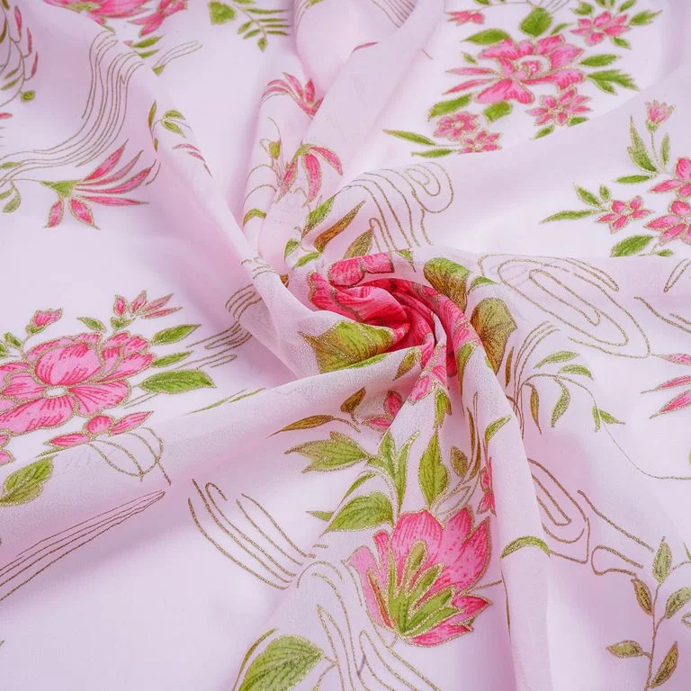Pink & Golden Floral Printed Faux Georgette Fabric Cute floral print summer dresses